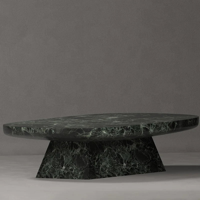 High Gloss Green Vein Marble Coffee Table Solid Stone Oval Tabletop Taper Base Contemporary Home Decor Table Dream Home - Image 2