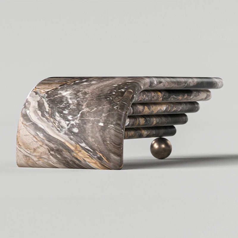 Grey Gold Vein Marble Coffee Table Multi Layer Curved Waterfall Form With Bronze Ball Support Modern Luxury Center Table - Image 2