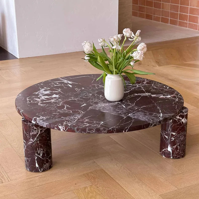 Dream Home Luxury Rosso Levanto Marble Coffee Table Round Top Two Thick Cylinder Legs Modern Living Room Center Table