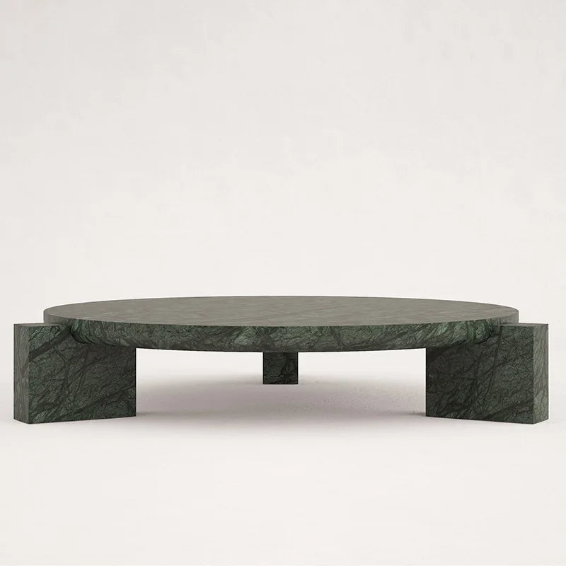 Green Marble Round Coffee Table Solid Block Leg Minimalist Sculpture Living Room Center Table Dream Home - Image 2