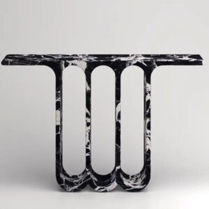 Contract Grade Monolithic Arch Cutout Console Table Triple Recessed U Frame Portoro Marble High End Villa Entrance Stone Table