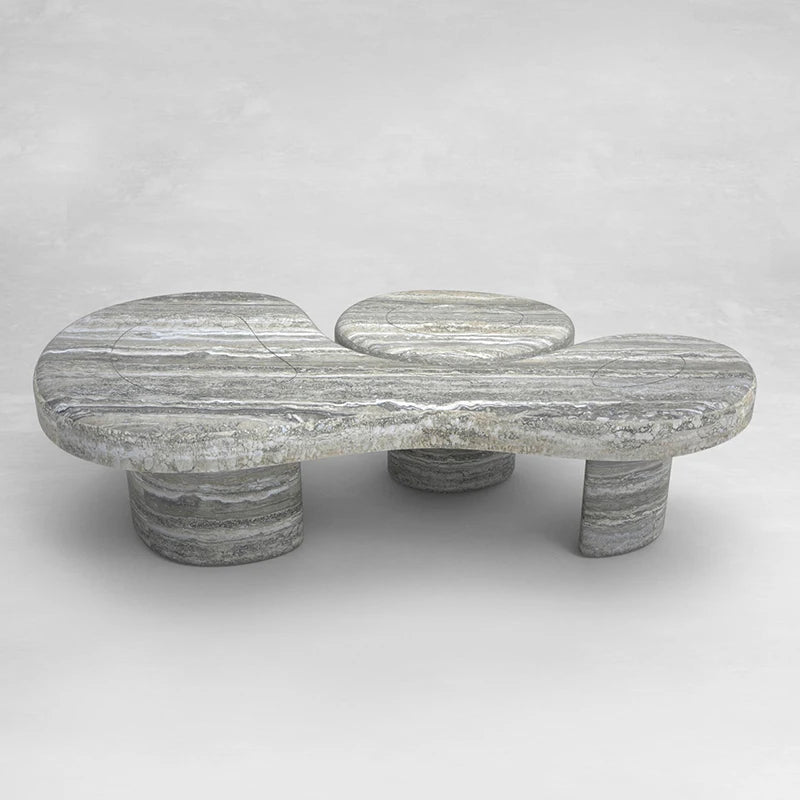 Natural Grey Banded Travertine Coffee Table Tri-Lobe Irregular Top Wabi Sabi Living Room Center Table Dream Home - Image 5