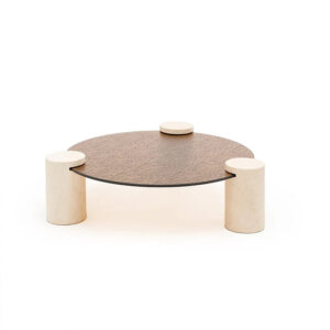 Dream Home Premium Sculptural Tripod Notch Stone Base Coffee Table Rough Hammer Texture Round Glass Luxury Living Room Tea Table
