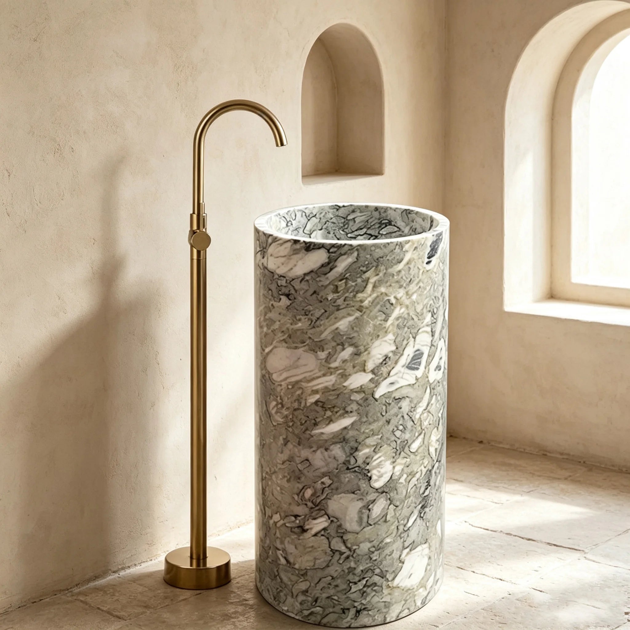 Premium Sculptural Cylindrical Pedestal Sink Unique Grey Patchwork Vein Solid Marble Freestanding Luxury Wash Lavatory - Image 2