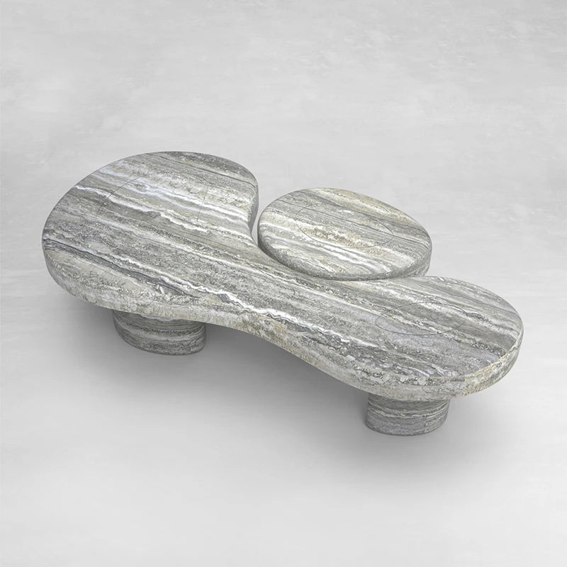 Natural Grey Banded Travertine Coffee Table Tri-Lobe Irregular Top Wabi Sabi Living Room Center Table Dream Home - Image 4