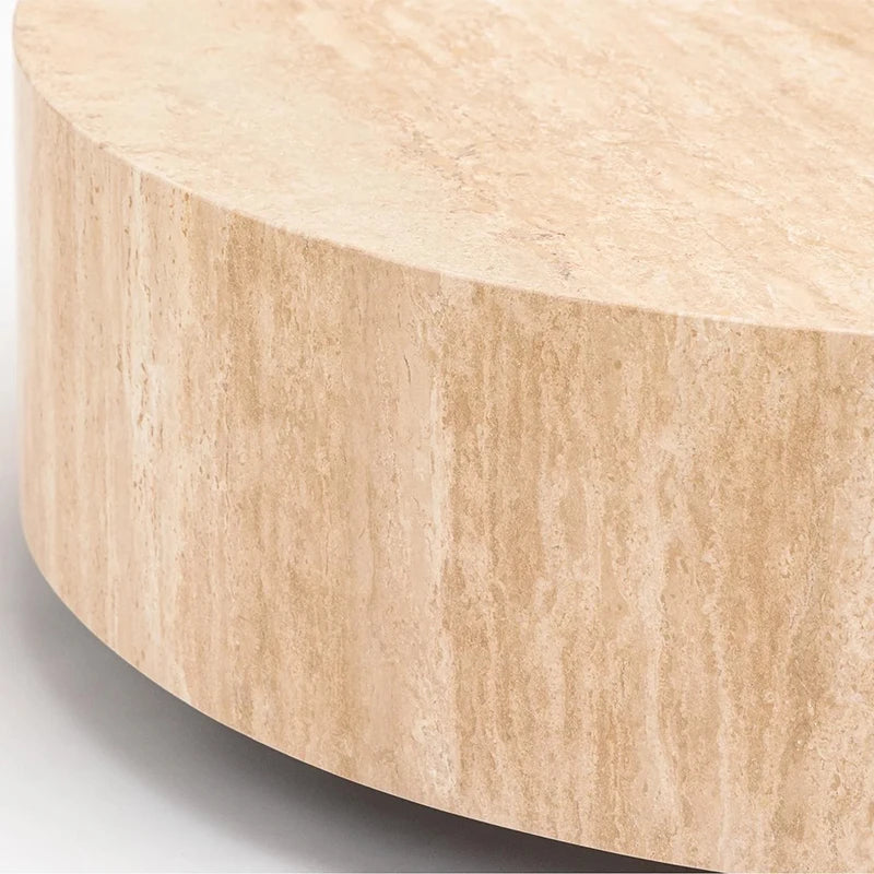 High Inquiry Cream Natural Travertine Coffee Table Wide Flat Drum Shape Solid Integrated Stone Modern Lounge Plinth - Image 3