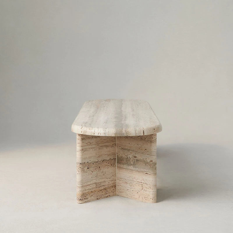Modern Beige Travertine Coffee Table Oval Stone Top Dual Block Base Elegant Villa Living Room Furniture - Image 3