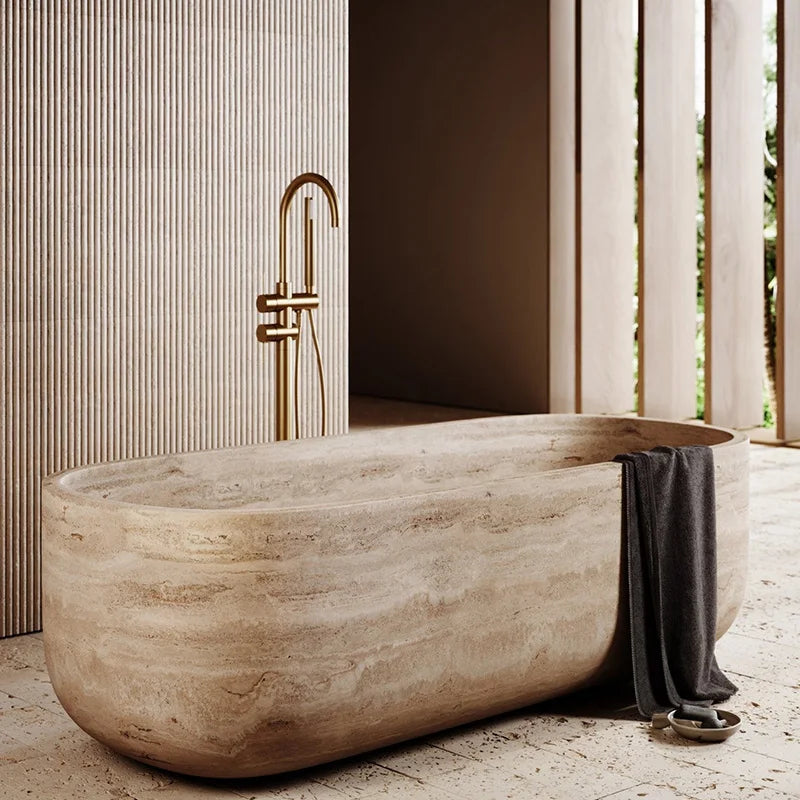 Rectangular Rounded End Stone Bathtub Full Straight Side Elongated Block Vessel Beige Cave Rock Master Bath Sculpture Tub - Image 2