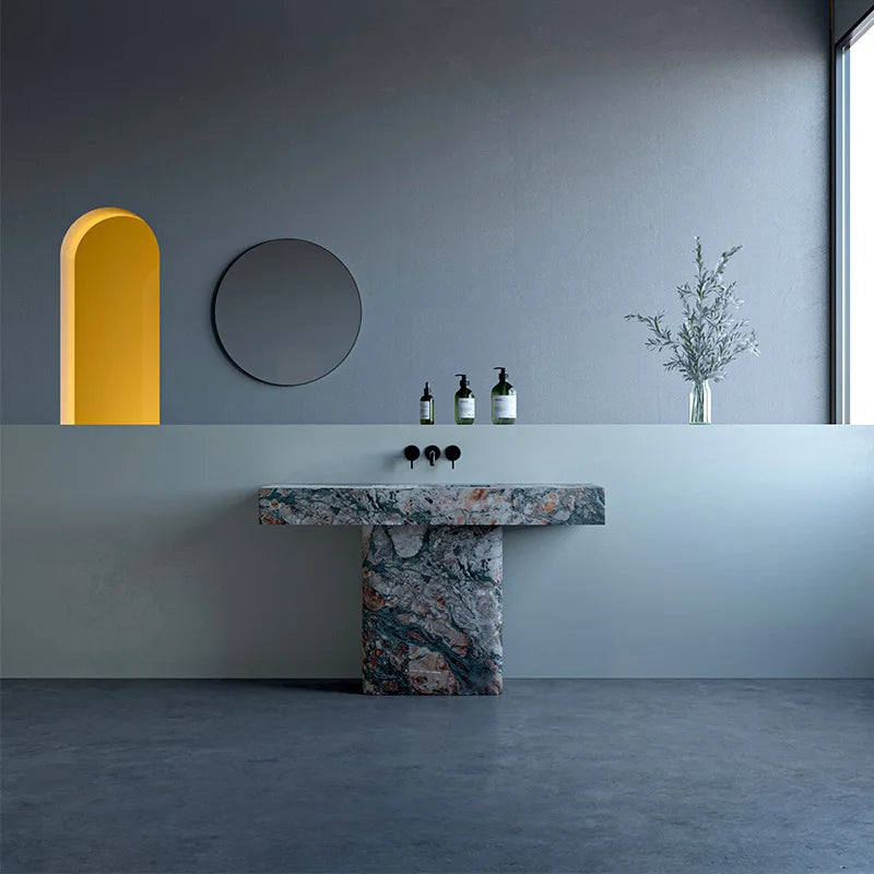 Dream Home T Shape Pedestal Marble Sink Table Integrated Carved Stone Wash Basin For Luxury Bathroom Renovation Project - Image 3