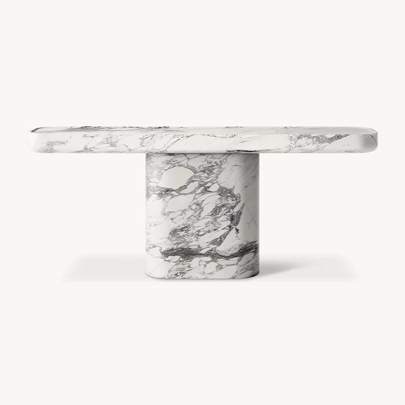 Single Cylinder Pedestal Travertine Marble Console Table Rounded Edge Long Top Wabi Sabi Entryway Stone Accent Console Furniture - Image 9