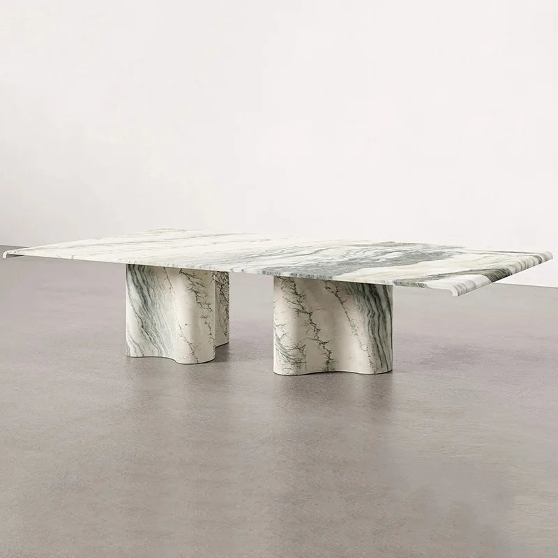 Green Vein Marble Coffee Table Rectangular Floating Top Wavy Sculpted Stone Base Living Room Center Table Dream Home - Image 2