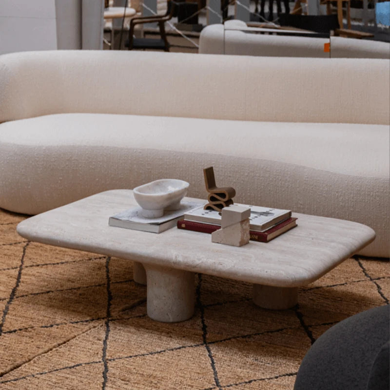 Dream Home Mesmerizing Three Flared Taper Leg Travertine Coffee Table Rounded Rectangle Top Wabi Living Room Center Table - Image 5
