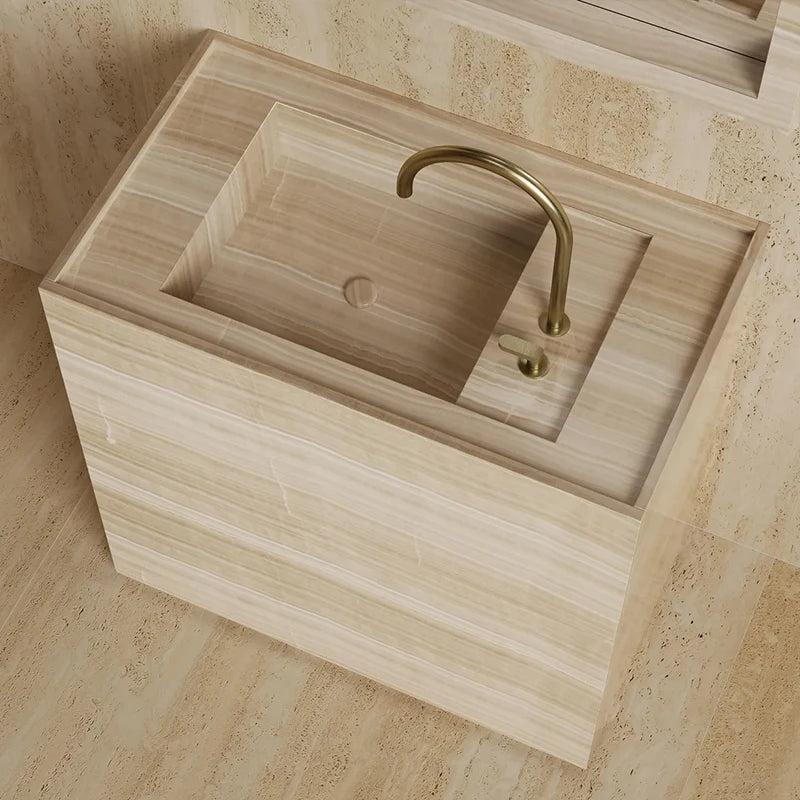 Dream Home Viral Cube Floating Stone Vanity Single Recessed Sink Matching Square Stone Mirror Wabi Sabi Bath Cabinet - Image 4