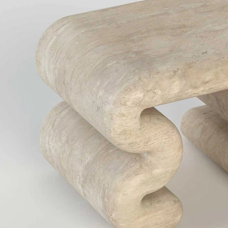 Dream Home Beige Natural Travertine Marble Side Table Square Soft Edge Double Wave Scroll Leg Minimalist Art Accent Table - Image 6