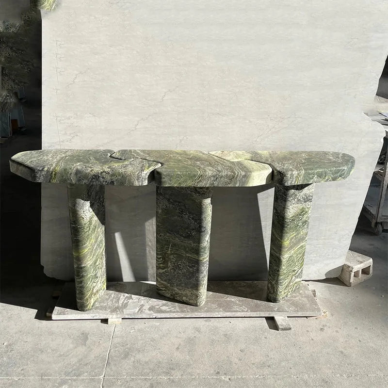 Dream Home Organic Green Streak Marble Console Table 3 Split Interlocking Top Triple Thick Block Leg Hall Decor Table - Image 7