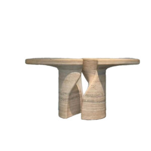 Split Curved Twist Leg Entry Table Polished Banded Travertine Slab Abstract Organic Sculpture Neutral Hall Marble Table