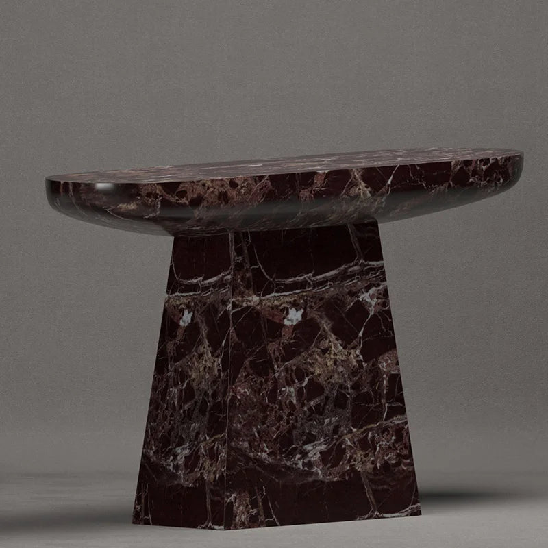 Dark Red Vein Marble Console Table Oval Rounded Tabletop Single Trapezoid Pedestal Luxury Entryway Hallway Table Dream Home - Image 2