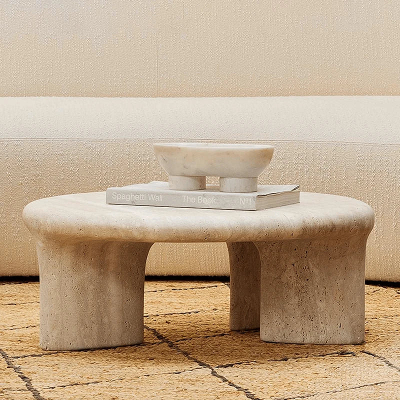 Dream Home Contract Grade Arch Hollow Three Leg Coffee Table Solid Beige Travertine Smooth Rounded Oval Villa Living Stone Table - Image 5