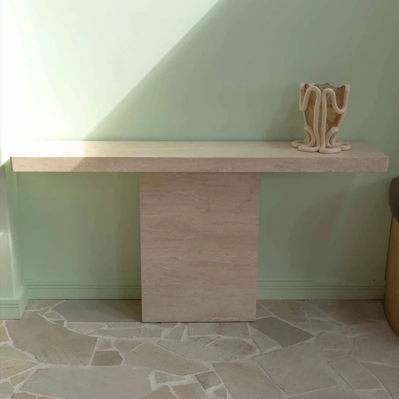 Modern Luxury Beige Travertine Console Table Slim Floating Long Tabletop Solid Square Pedestal Elegant Villa Entry Accent Table - Image 2