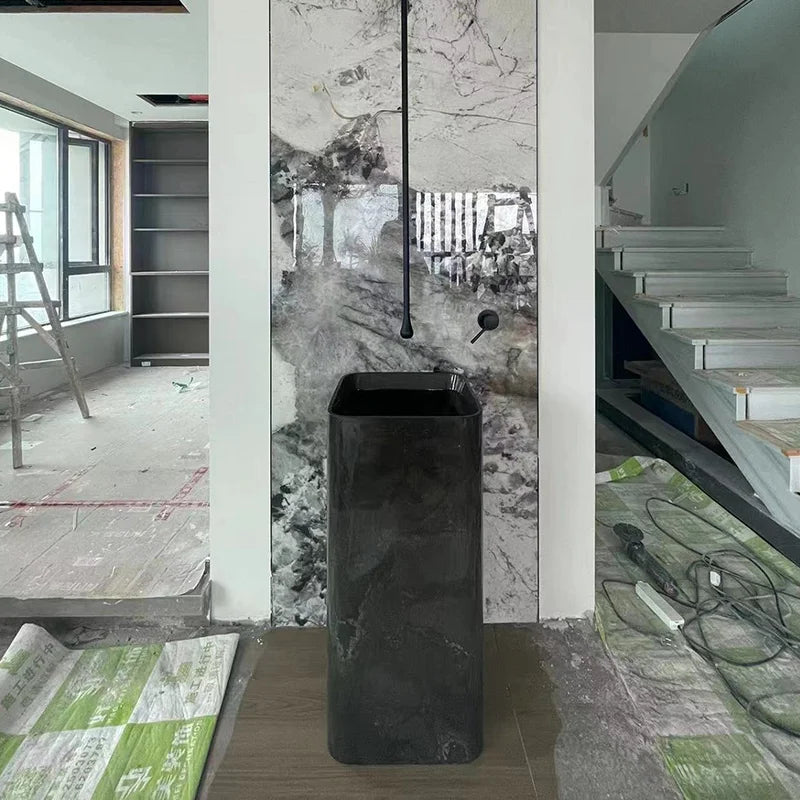 High Inquiry Dark Natural Marble Freestanding Sink Square Tall Column Hand Chiselled Wave Surface Contemporary Bathroom Basin - Image 7