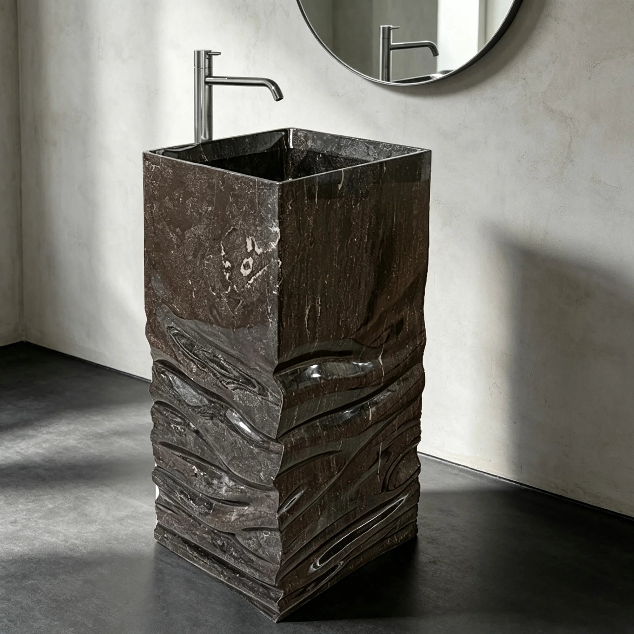 High Inquiry Dark Natural Marble Freestanding Sink Square Tall Column Hand Chiselled Wave Surface Contemporary Bathroom Basin - Image 5