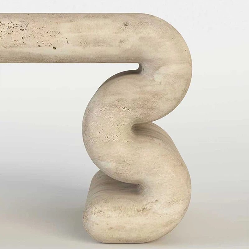 Beige Travertine Marble Console Table Long Rounded Rectangular Top Double Wave Scroll Leg Minimalist Wabi Accent Table - Image 6
