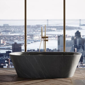 Black Marquina Marble Freestanding Bathtub Elongated Wide Flare Egg Sloped Taper Side Diagonal Thin White Streak Spa Tub