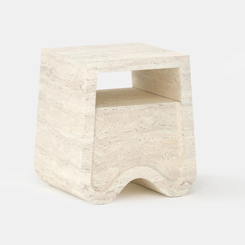 Modern Travertine Side Table Sculptural Wavy Hollow Base With Integrated Storage Shelf Contemporary Home Corner Furniture - Image 2