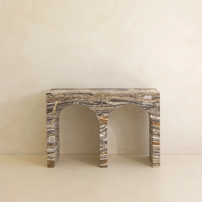 Dream Home Unique Twin Hollow Arch Marble Hall Desk Contrast Grey Brown Band Vein Hand Polished Natural Marble Furnishing