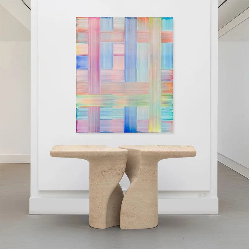 Split Curved Twist Leg Entry Table Polished Banded Travertine Slab Abstract Organic Sculpture Neutral Hall Marble Table - Image 2