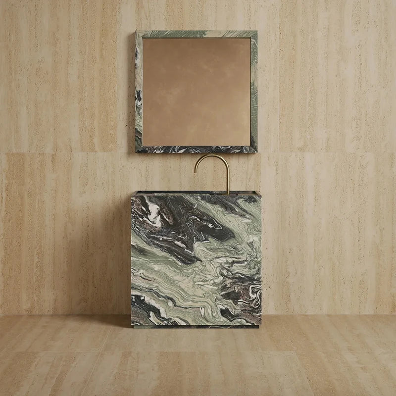 Dream Home Viral Cube Floating Stone Vanity Single Recessed Sink Matching Square Stone Mirror Wabi Sabi Bath Cabinet - Image 12