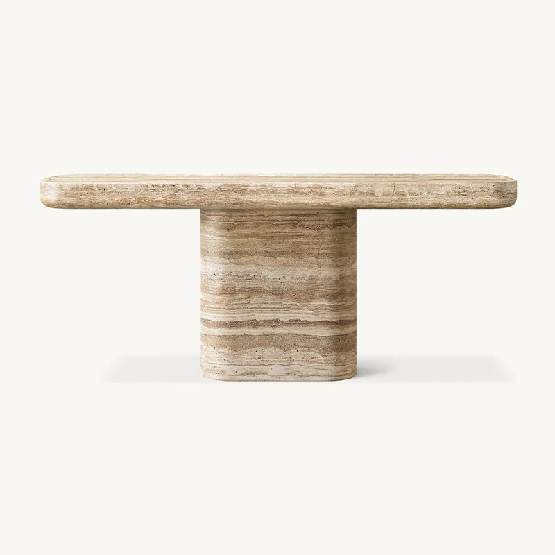 Single Cylinder Pedestal Travertine Marble Console Table Rounded Edge Long Top Wabi Sabi Entryway Stone Accent Console Furniture - Image 8