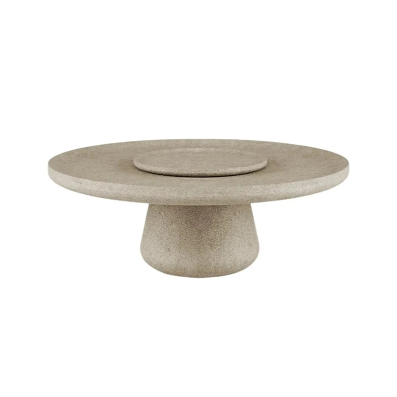 Dream Home Textured Travertine Marble Coffee Table Recessed Mini Round Insert Taper Conical Pedestal Neutral Home Decor Table - Image 4