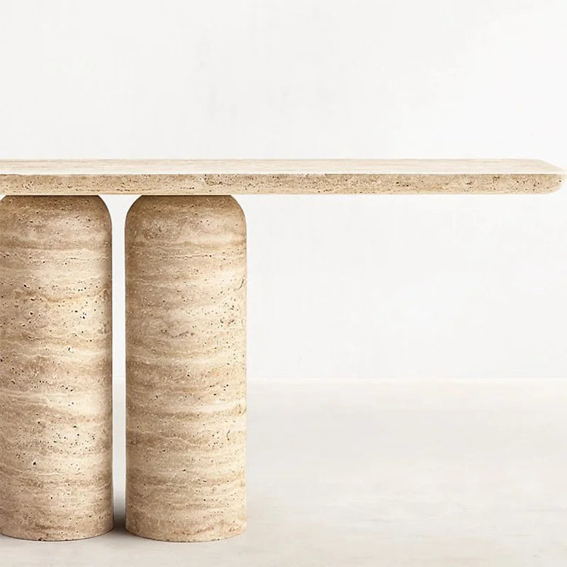 Striking Twin Cylinder Console Table Elongated Rounded Edge Slab Double Short Round Pillar Travertine Marble Entry Table - Image 5