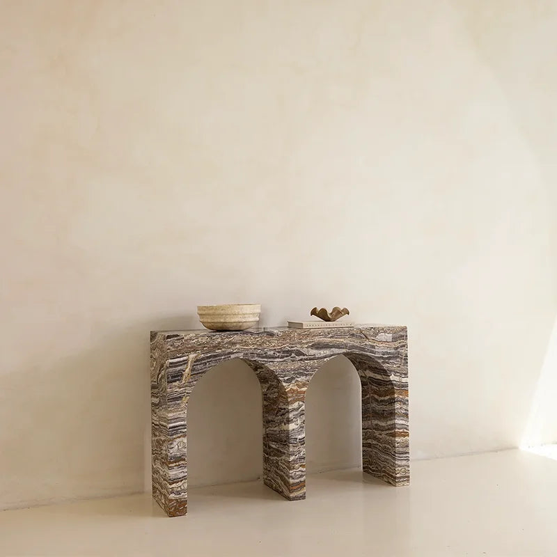 Dream Home Unique Twin Hollow Arch Marble Hall Desk Contrast Grey Brown Band Vein Hand Polished Natural Marble Furnishing - Image 3