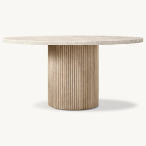 Dream Home Solid Oak Round Dining Table Full Vertical Fluted Cylinder Pedestal Wabi Sabi Villa Dining Room Furniture