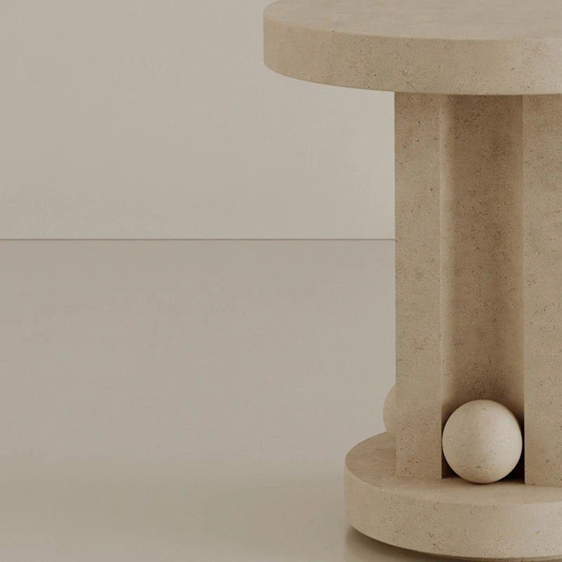 Dream Home Artistic Sculptural Side Table Natural Travertine Round Top with Fluted Column and Spheres Home Decor Table - Image 2