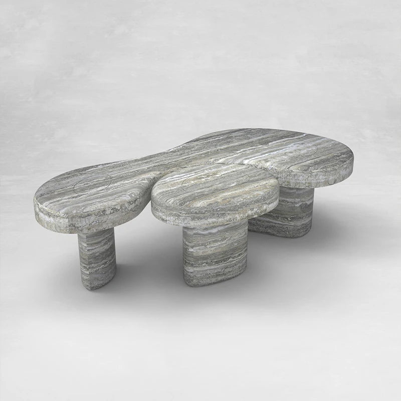 Natural Grey Banded Travertine Coffee Table Tri-Lobe Irregular Top Wabi Sabi Living Room Center Table Dream Home - Image 2