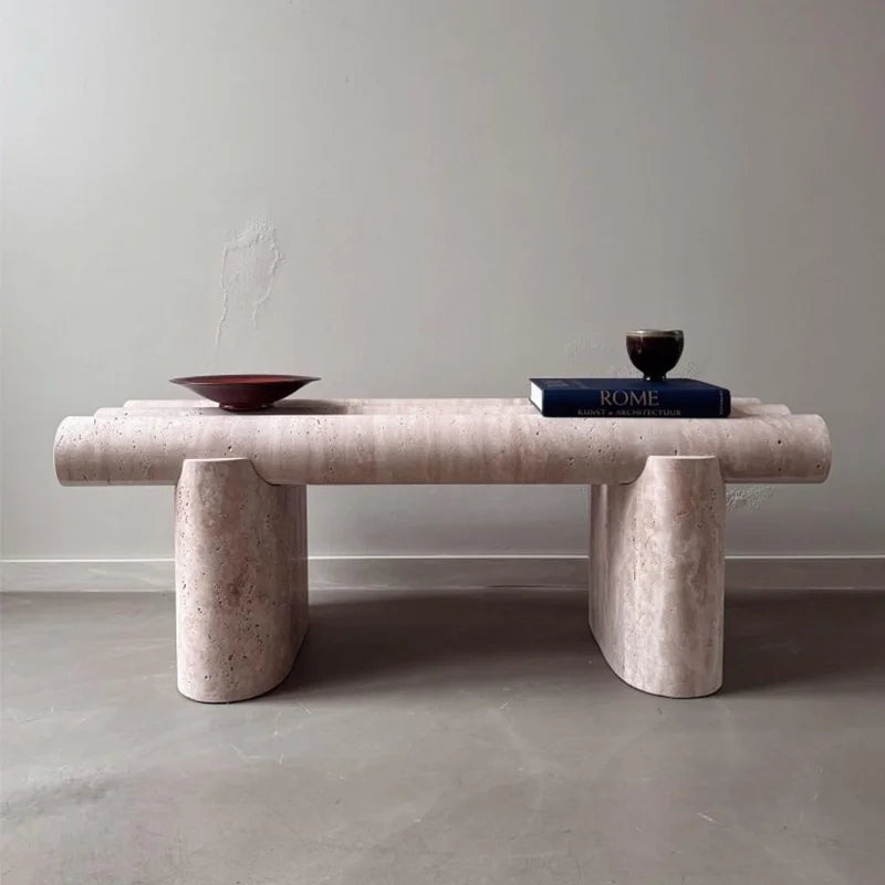 Dream Home Premium Stacked Cylinder Marble Coffee Table Hand Carved Travertine Neutral Tone Lounge Table - Image 7