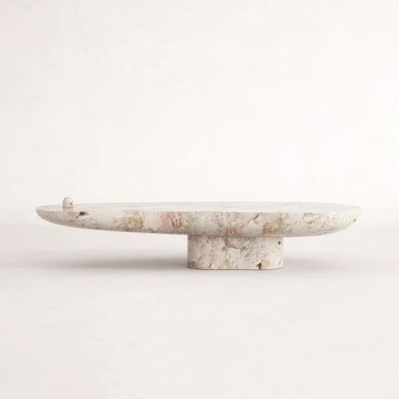 Breccia Marble Coffee Table Organic Bean Shape Irregular Curved Top Single Cylindrical Pedestal Modern Living Room Tea Table