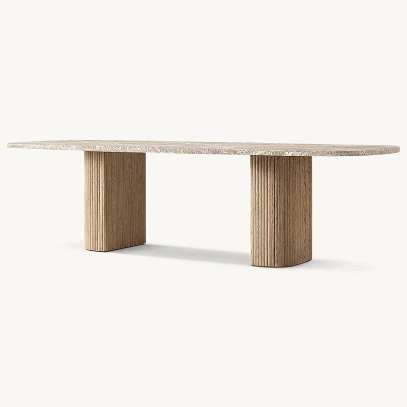 Premium Marble Top Dining Table Weathered Fluted Solid Oak Dual Column Base Rustic Farmhouse Large Family Dining Table - Image 2