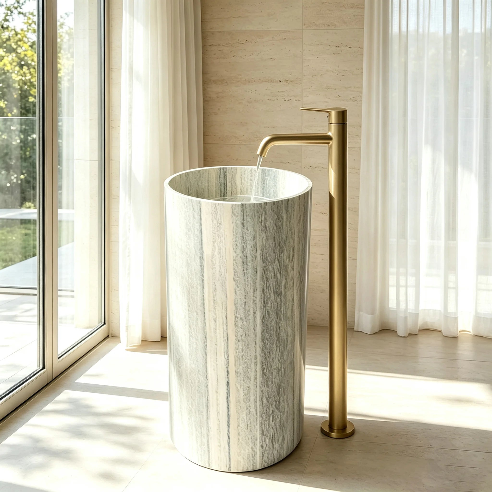 Top Selling Slim Round Freestanding Lavatory Distinct Vertical Striped Travertine Marble Villa & Residential Bathroom Wash Sink - Image 4