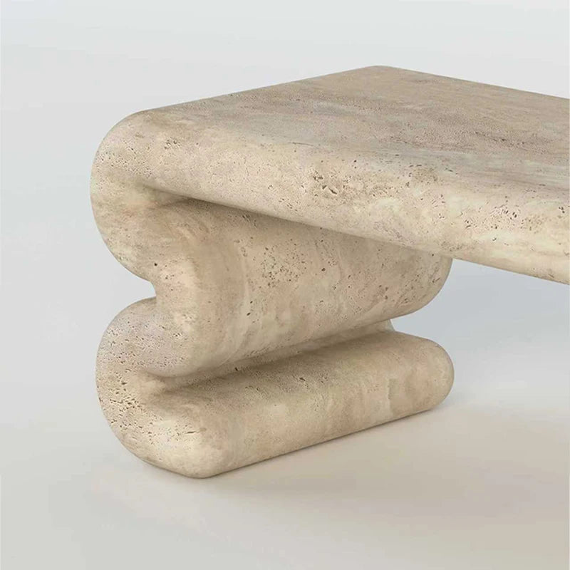 Beige Travertine Marble Console Table Long Rounded Rectangular Top Double Wave Scroll Leg Minimalist Wabi Accent Table - Image 5