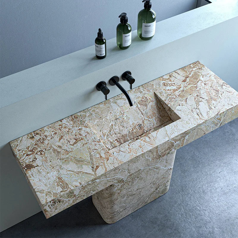 Dream Home T Shape Pedestal Marble Sink Table Integrated Carved Stone Wash Basin For Luxury Bathroom Renovation Project - Image 2