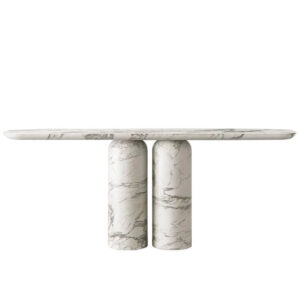 Striking Twin Cylinder Console Table Elongated Rounded Edge Slab Double Short Round Pillar Travertine Marble Entry Table