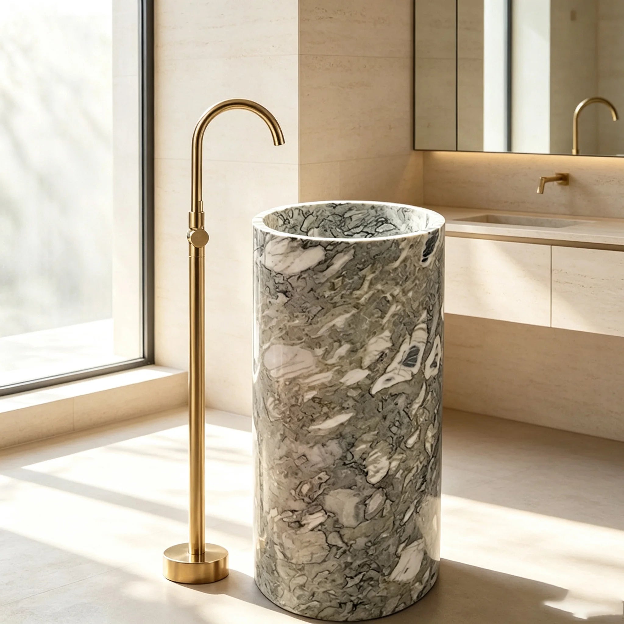 Premium Sculptural Cylindrical Pedestal Sink Unique Grey Patchwork Vein Solid Marble Freestanding Luxury Wash Lavatory - Image 4
