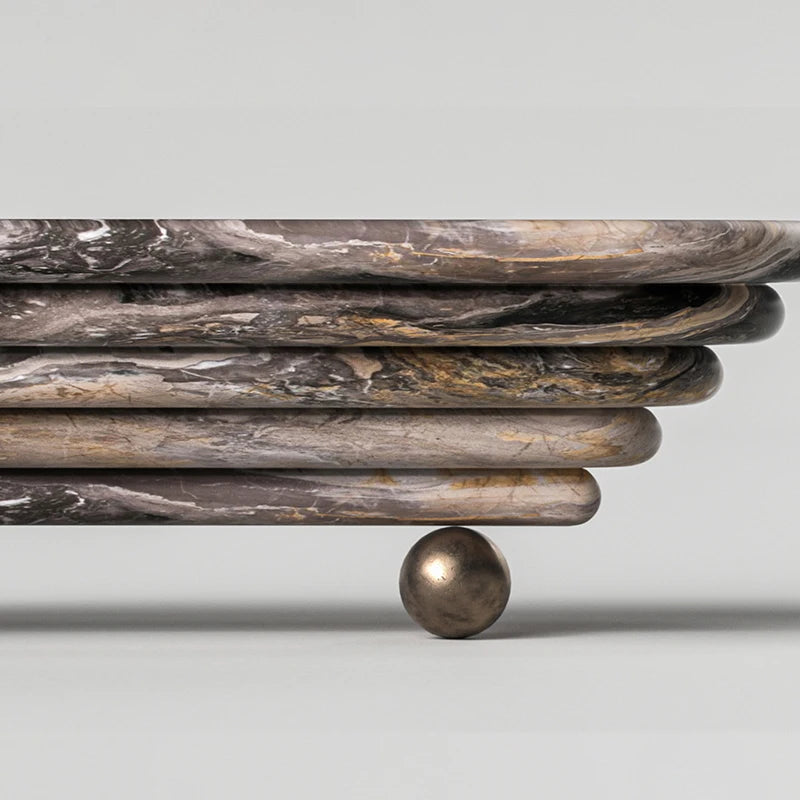 Grey Gold Vein Marble Coffee Table Multi Layer Curved Waterfall Form With Bronze Ball Support Modern Luxury Center Table - Image 4