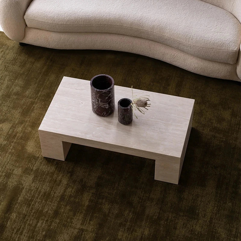 Elegant Natural Travertine Marble Coffee Table Minimalist Hollow Rectangular Thick Stone Top Luxury Modern Living Room Furniture - Image 3