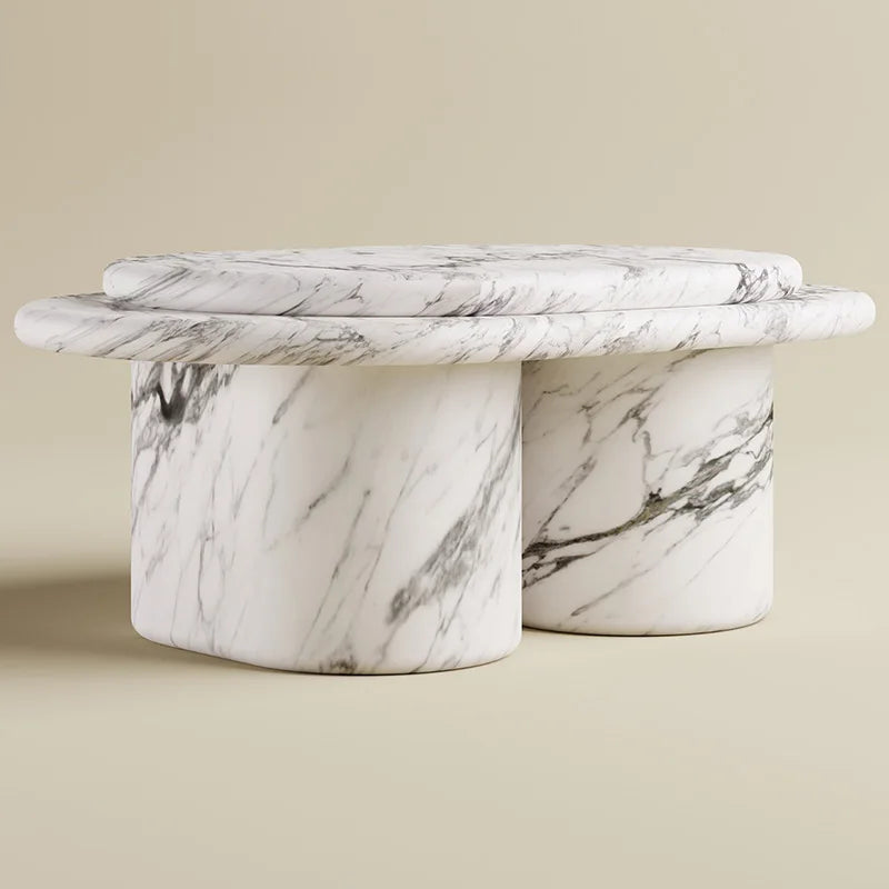 Arabescato Marble Nesting Coffee Table Cylinder Base Oval Overhanging Top Living Room Stone Center Table Dream Home - Image 2
