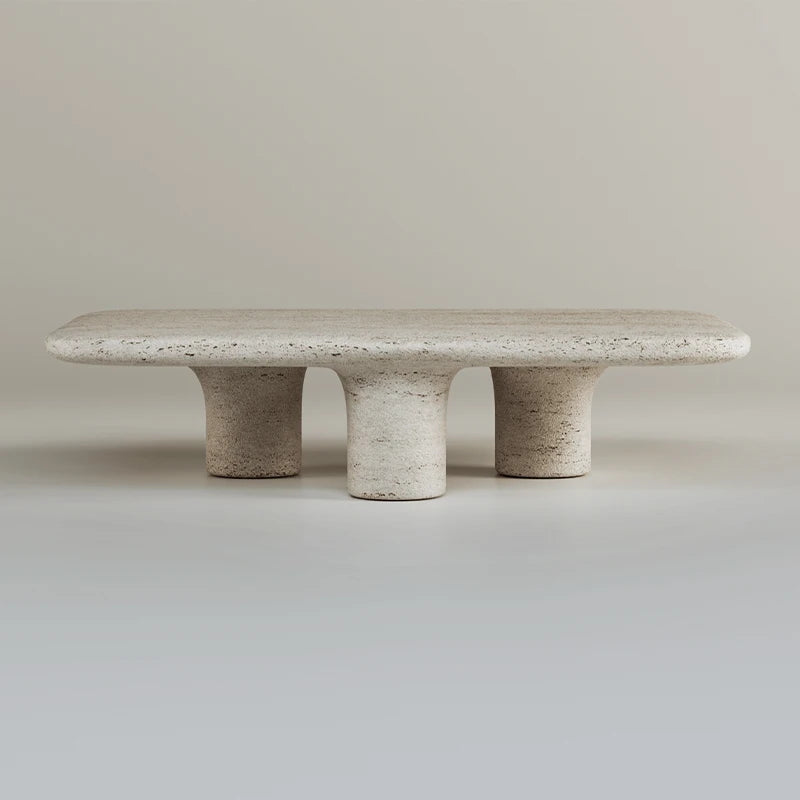 Dream Home Mesmerizing Three Flared Taper Leg Travertine Coffee Table Rounded Rectangle Top Wabi Living Room Center Table